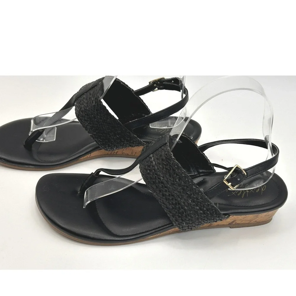 Dexflex Comfort Black Woven Cork Wedge Thong Sandals Women's Size 8 Coastal